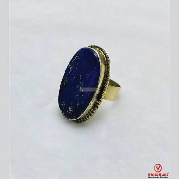 Unisex Lapis Lazuli Stone Ring: Adjustable Gemstone Lapis Jewelry - Picture 4 of 6